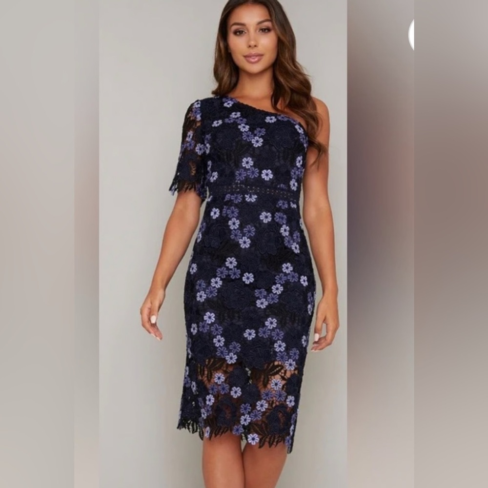 Chi Chi London Black and Purple Floral One-Shoulder Dress​